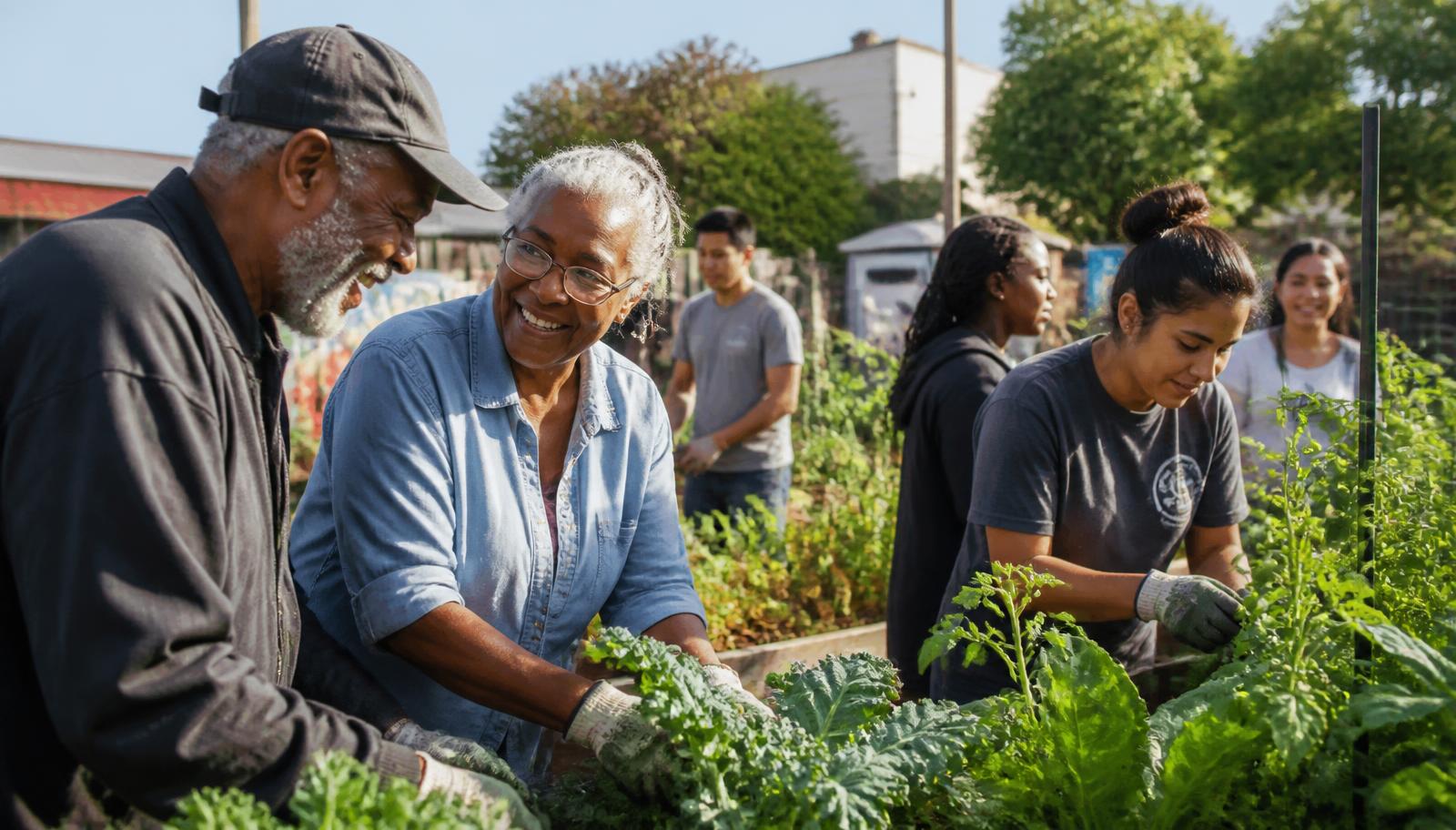 Older and younger community members of diverse backgrounds working together tending leafy greens and tomato plants in a neighborhood vegetable garden