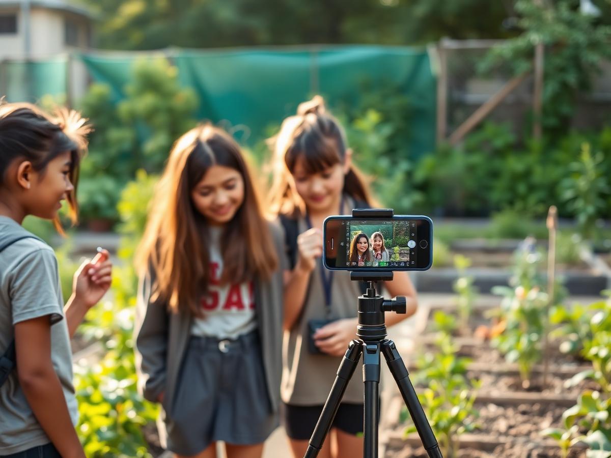 Students filming plants in a garden with a smartphone on a tripod