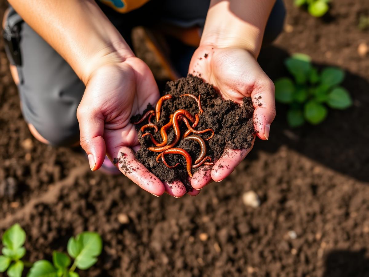 Hands holding compost soil with earthworms above a garden bed