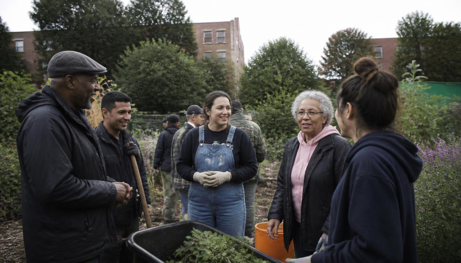 Community volunteers of different ages and backgrounds gathered with garden tools in a neighborhood community garden